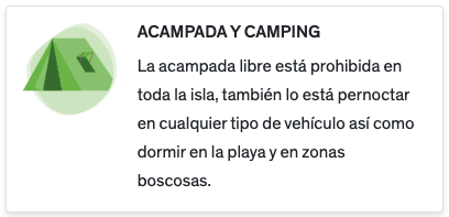 Texto de la web oficial de Formentera donde se aclara que no es posible acampar en Formentera
